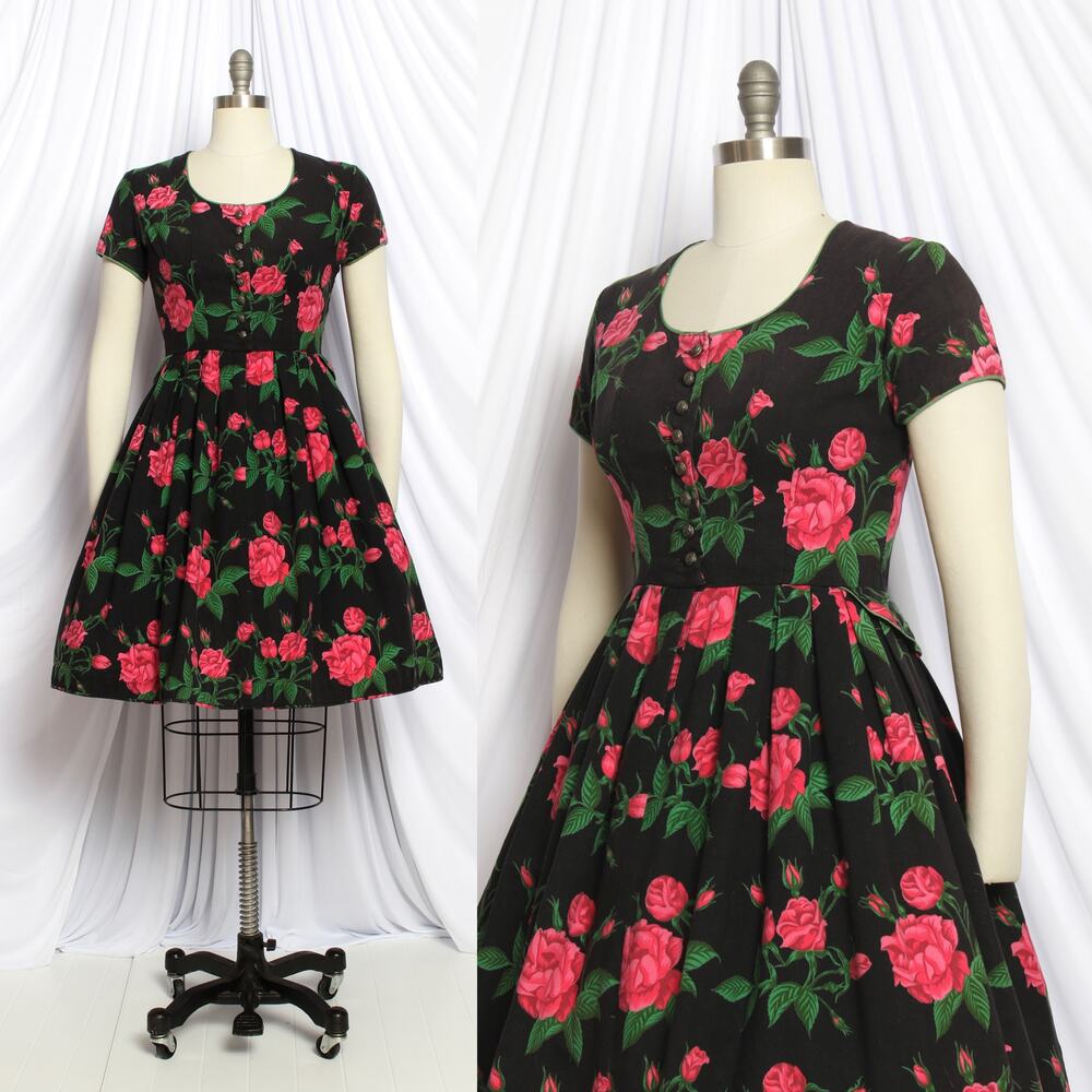 Vintage 1970s Dirndl Dress 70s Pink Rose Floral Black Fit Flare Oktoberfest